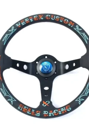 VERTEX Hell's Racing Steering Wheel 330mm Leather w/ Red and Blue Stitching Latest