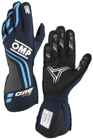 OMP Racing One Evo-X Gloves Navy Blue w/ Cyan Accent Wholesale