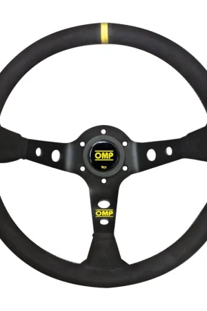 OMP Racing Corsica 350mm Deep Dish Steering Wheel Suede w/ Holes, Black Center, and Yellow Centering Stripe Hassle-Free Returns