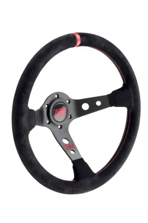 OMP Racing Corsica 350mm Deep Dish Steering Wheel Suede w/ Holes, Black Center, and Red Centering Stripe Low Price