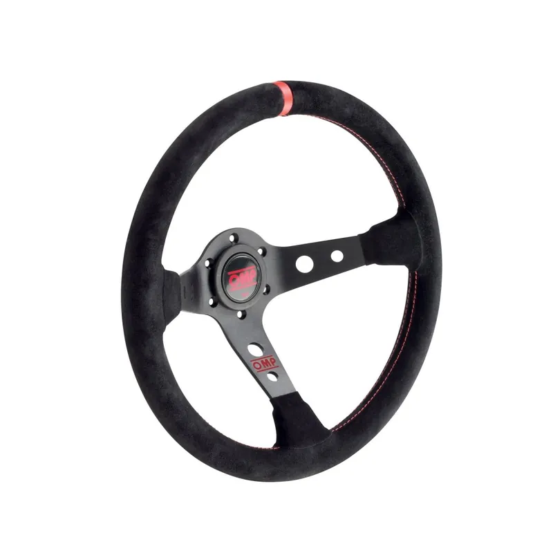 OMP Racing Corsica 350mm Deep Dish Steering Wheel Suede w/ Holes, Black Center, and Red Centering Stripe Low Price