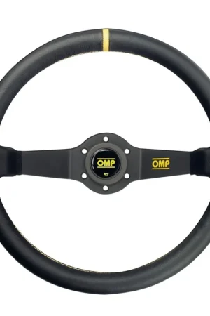OMP Racing Rally 350mm Deep Dish Steering Wheel Leather Black w/ Yellow Centering Stripe High Quality