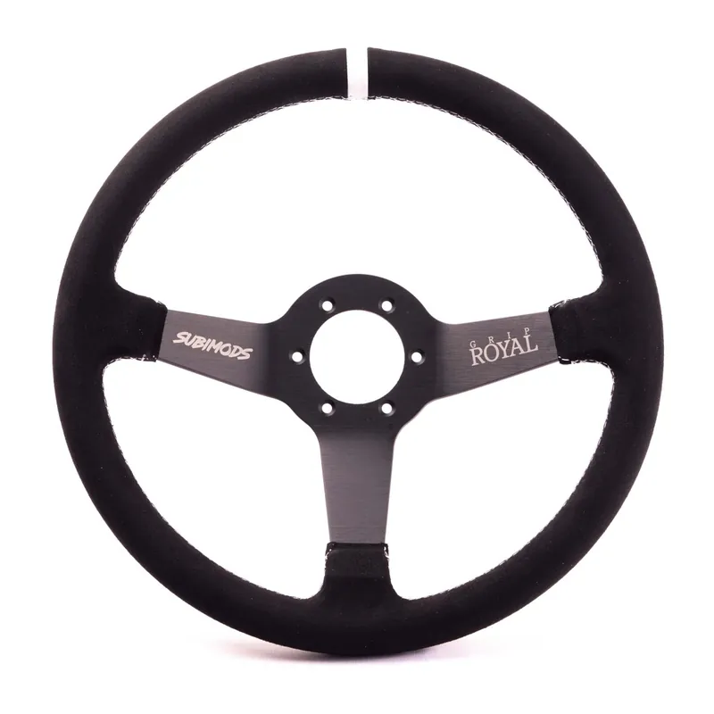 Price Cut Subimods X Grip Royal Brute 350mm Deep Dish Steering Wheel w/ Black Suede Grip, White Stitching, and White TDC Stripe