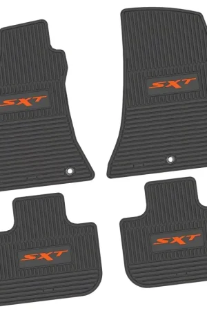 Direct From Factory Factory Floorpan Fit Custom Vintage Scene Front and Rear Floor Mats with Orange SXT Insert; Black