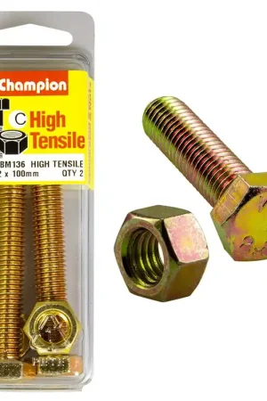Champion Pack of 2 (2x Hex Set Screws, 2x Nuts) M12 x 100mm High Tensile Grade 8.8, Zinc Plated- BM136 Wholesale