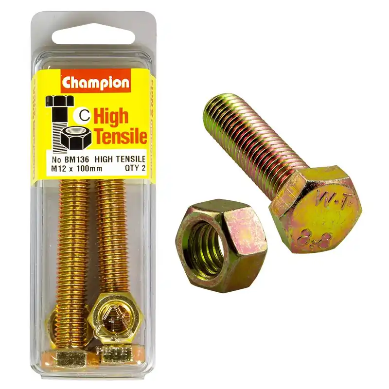 Champion Pack of 2 (2x Hex Set Screws, 2x Nuts) M12 x 100mm High Tensile Grade 8.8, Zinc Plated- BM136 Wholesale