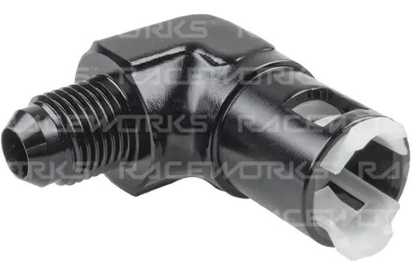 No Minimum Order Raceworks GM Female EFI 90 Deg Adaptor 5/16" Tube to 5/16" Barb Plastic