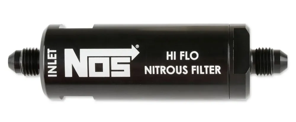 NOS In-Line Hi-Flow Nitrous Filter, 4AN - Black High pressure nitrous filter, -4AN x -4AN in-line billet aluminum 140 micron Latest
