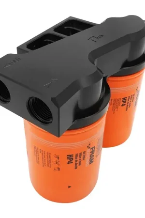 RTS RTS Remote Oil Filter Head With FRAM HP4 Filters 13/16''-16 Thread Dual Filters AN12 ORB Ports Billet Aluminium Black Fresh Stock