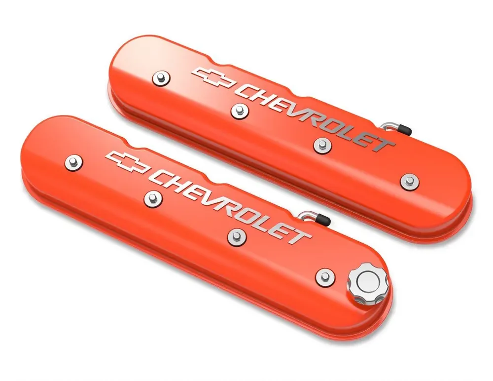 Brand New Holley Tall LS Valve Cover with Bowtie/Chevrolet Logo - Factory Orange Machined Finish