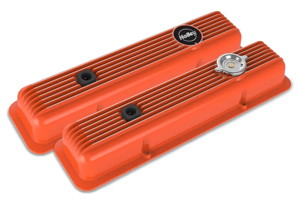 Holley Valve Covers - Muscle Series - Finned - SBC - Factory Orange Chevrolet Small Block - Perimeter Bolt - Cast Aluminum Place Order