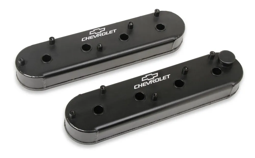 Holley - Satin Black GM Track Series Fabricated Aluminum LS Valve Covers w/OEM Coil Stands and Licensed Chevrolet/Bowtie Logo - Satin Black Finish While Supplies Last
