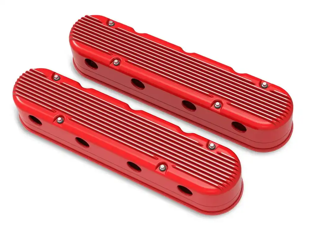 Holley 2-Piece Finned Valve Cover - Gen III/IV LS - Gloss Red Machined Chevrolet Gen III/IV LS - Cast Aluminum - Coil-Mounting Base & Integrated Coil Cover Handmade