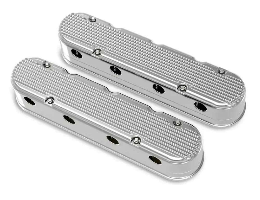 Holley 2-Piece Finned Valve Cover - Gen III/IV LS - Polished Chevrolet Gen III/IV LS - Cast Aluminum - Coil-Mounting Base & Integrated Coil Cover Clearance