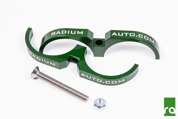 New Release Radium Engineering 2-Piece Fuel Pump Clamp For Bosch 044 -Green w/Logo